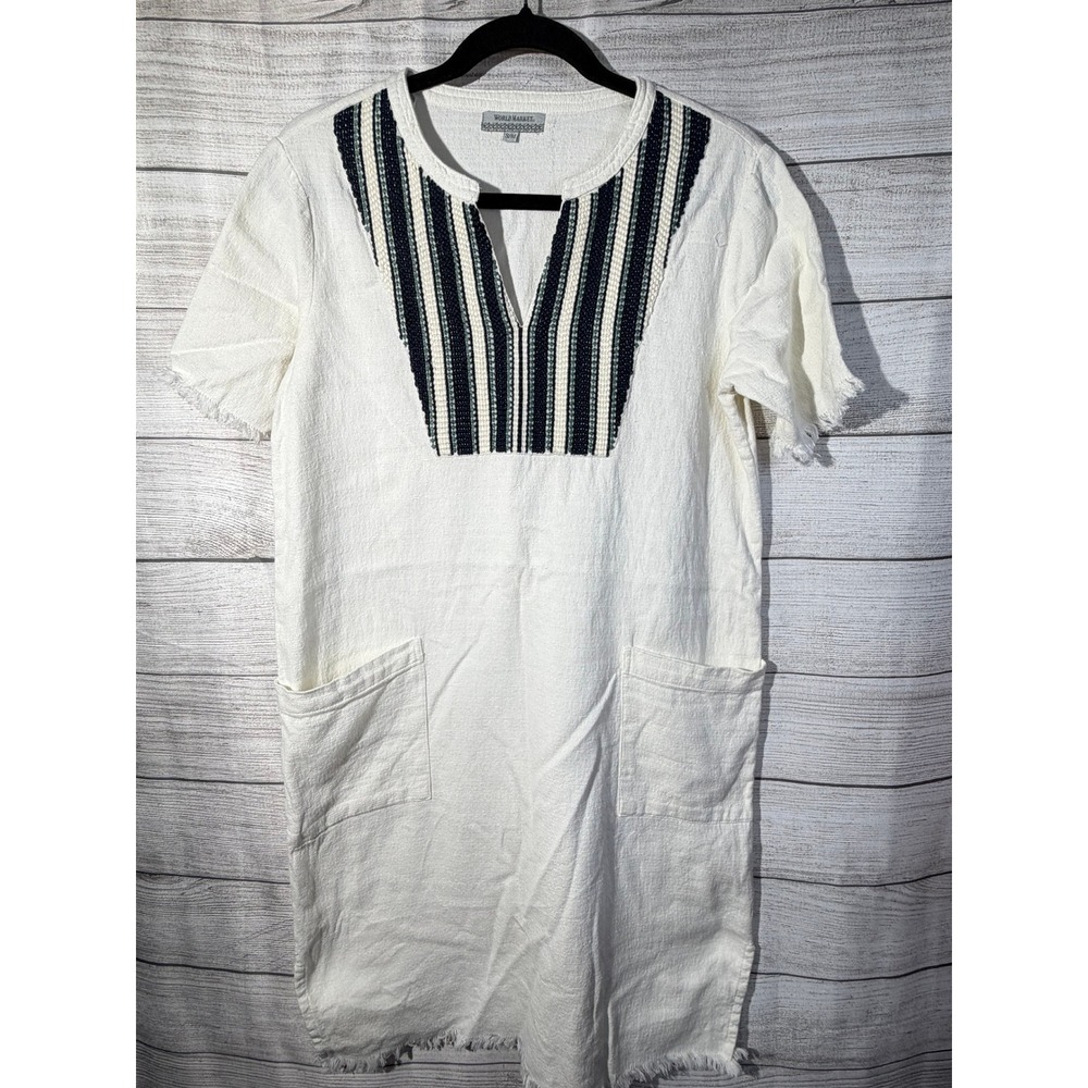 World Market S/M White‎ Embroidered Cotton Dress Lagenlook Relaxed Boho Earthy